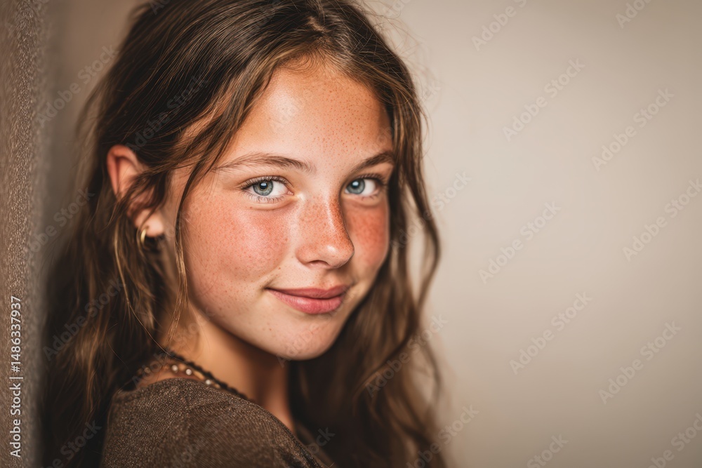 Fototapeta premium Young girl with long brown hair and freckles smiling warmly.