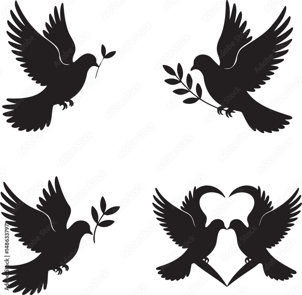 Fototapeta premium Dove silhouette set vector illustration isolated On Transparent Background