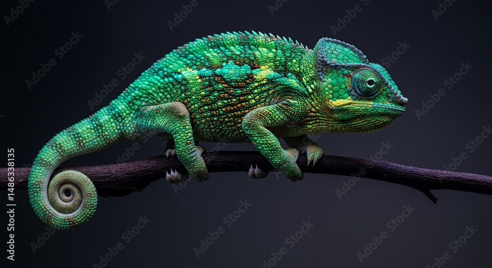 Obraz premium Vibrant chameleon basking on a branch showcasing its textured skin and colors