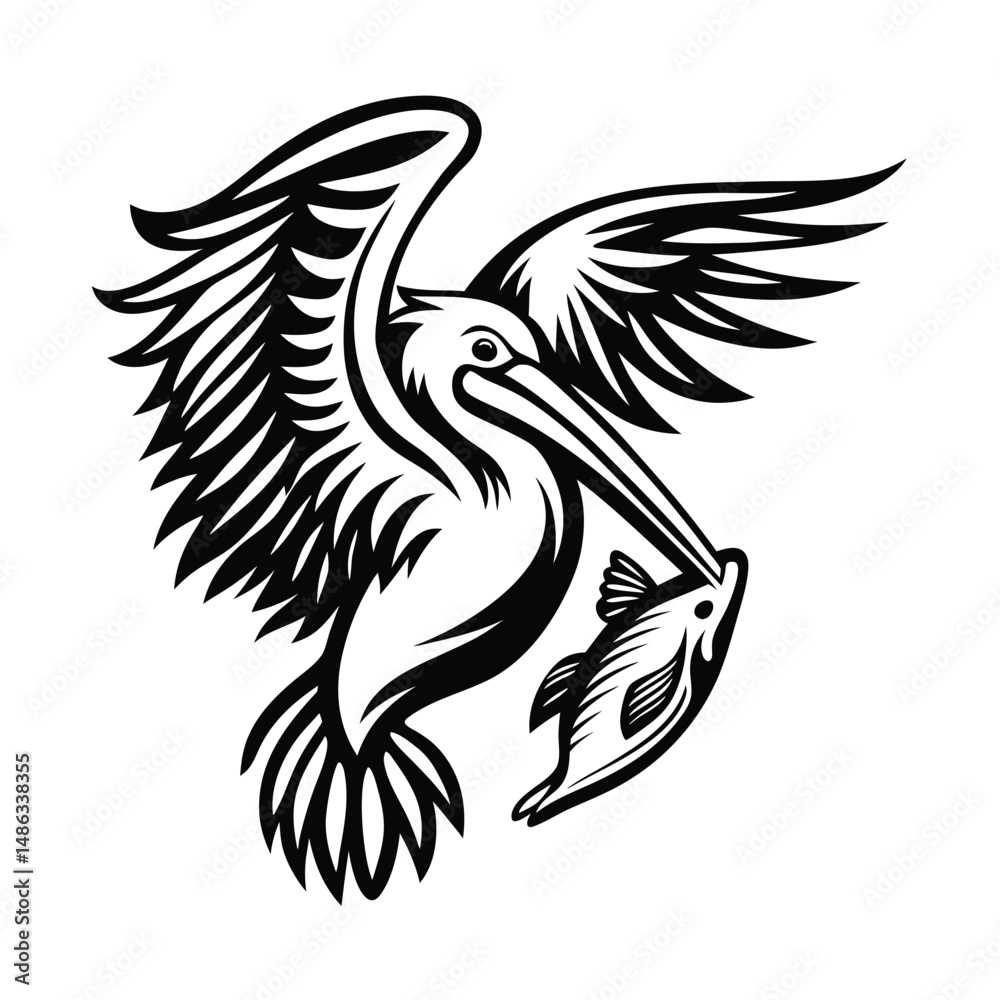 Obraz premium Pelican flying holding a fish, monochrome plumage illustration. Classic and bold