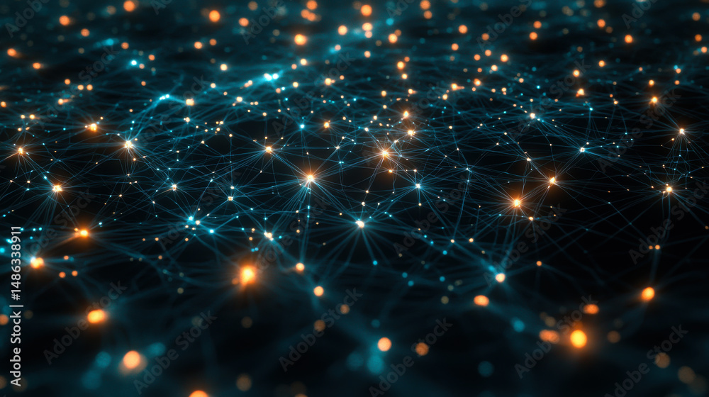 Fototapeta premium Visual representation of a complex network of connected nodes and glowing particles in a dark background showcasing data flow and connectivity