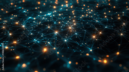 Visual representation of a complex network of connected nodes and glowing particles in a dark background showcasing data flow and connectivity