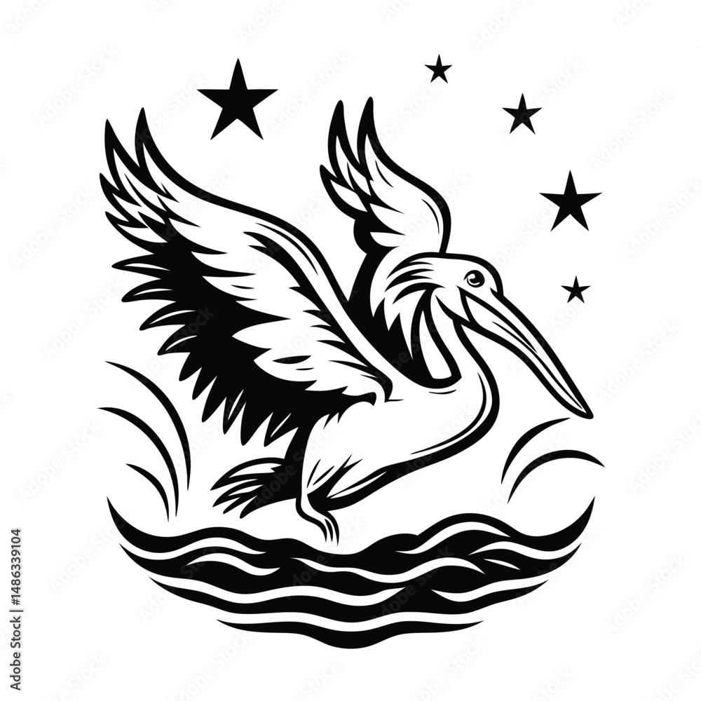 Obraz premium Pelican Flying Over Waves with Stars Above, Black and White Silhouette