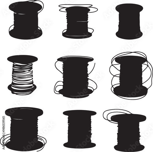 Black Silhouette Spools of Thread: Sewing Supplies Collection