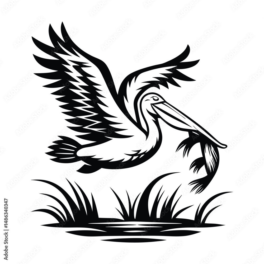 Obraz premium Pelican Flying with Fish Silhouette, River Grasses, Bird in Flight, Catching Prey