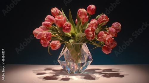 A surreal tulip bouquet styled within a geometric transparent vase, casting fascinating light reflections