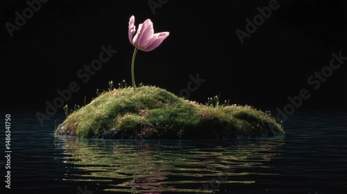 A surreal tulip floating in midair on a small island covered in shimmering moss