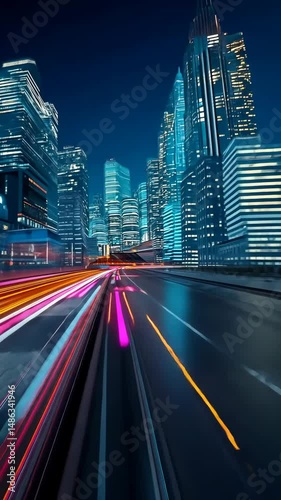 Dynamic city skyline at night with vibrant lights and urban architecture showcasing energy.