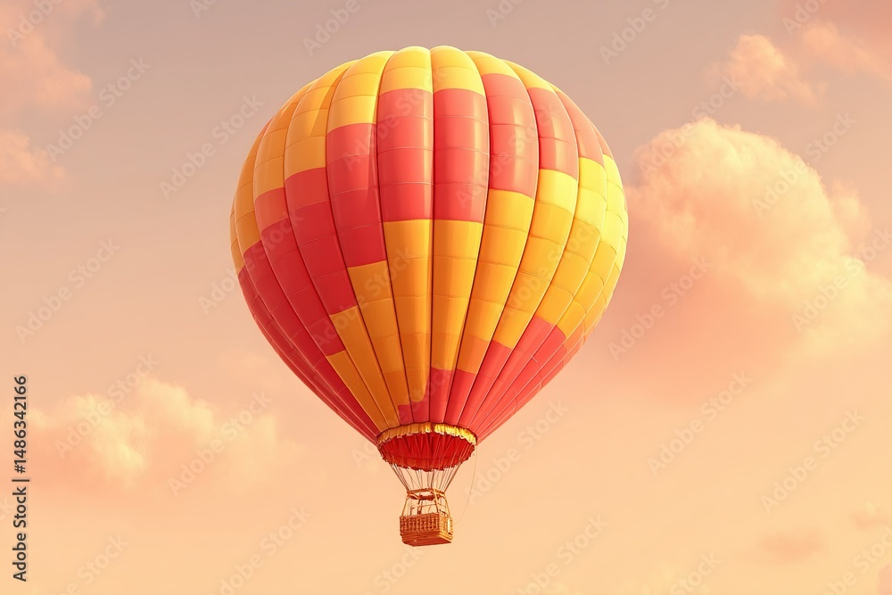 Fototapeta premium Colorful hot air balloon soaring in the sky during a serene sunset over the countryside