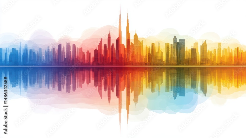Obraz premium A vibrant skyline illustration features layered colors and reflections, suitable for modern business presentations, technology themes, and creative projects, It evokes innovation and urban energy,