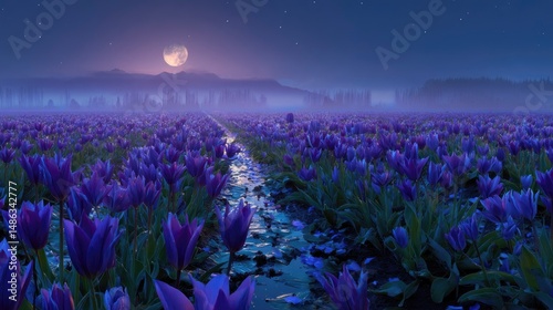 A tranquil moonlit tulip field infused with deep blue and purple hues beneath celestial light