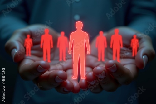 Wallpaper Mural Inclusive Workplace: Diverse hands join together to protect holographic red human figures in futuristic insurance company. Torontodigital.ca