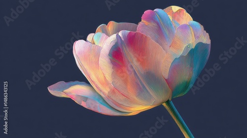 A tulip illustration with imaginative fantasy tones blending neon, pastel, and metallic effects