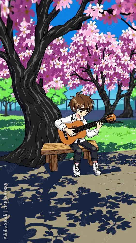 Garçon jouant de la guitare sous les cerisiers en fleurs – style anime printanier

