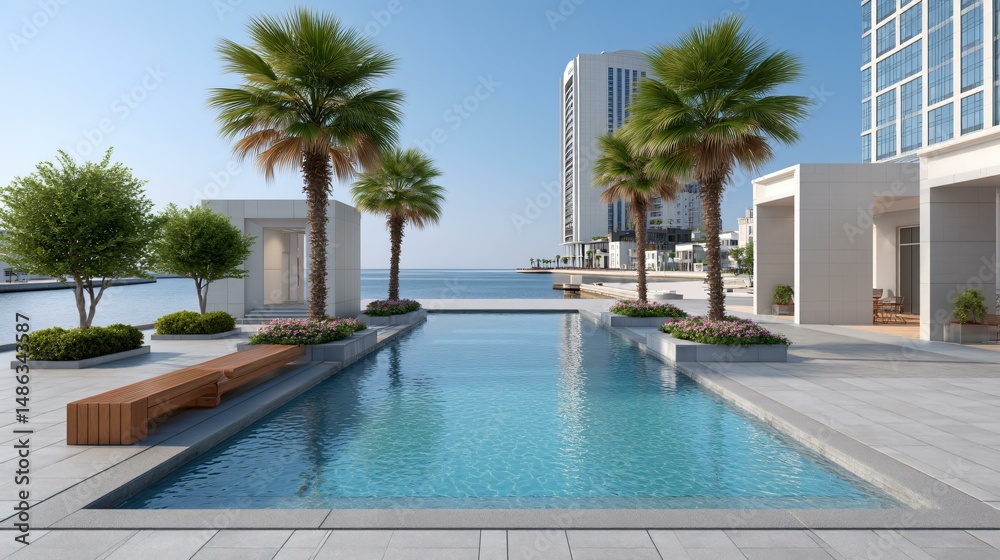 Fototapeta premium A coastal office complex with mirrored faÃ§ades reflecting salt-tolerant mangroves, solar-powered bench seating along the promenade, permeable paving, and an electronic ESG scoreboard hovering