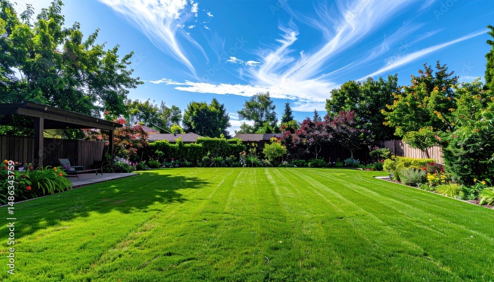 Naklejka premium Lush, green lawn under a bright, wispy cloud sky, bordered by trees and a patio
