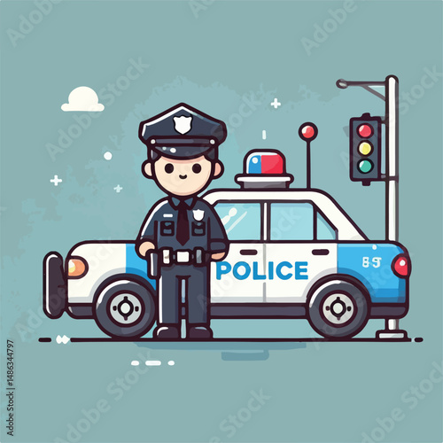 vector image of handsome police with police car