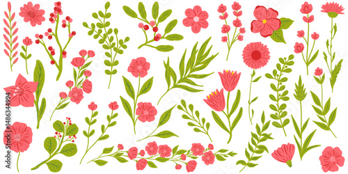 Floral set. Vector flat minimalistic illustration of flowers and leaves in flat style. Retro vintage style, hand drawn decorative elements. 60s, 70s, flower icon, pastel colors, childish cute decor.