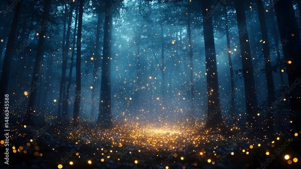 Fototapeta premium Fireflies dancing in a tranquil forest at night