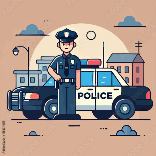 vector image of handsome police with police car