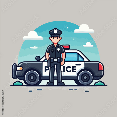 vector image of handsome police with police car