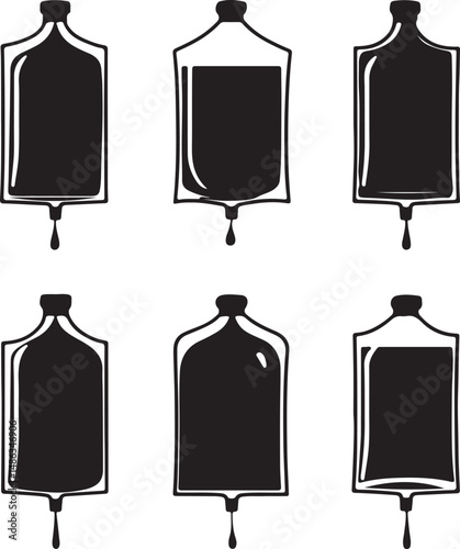 Black and White IV Drip Bags: Medical Icons and Silhouette Art