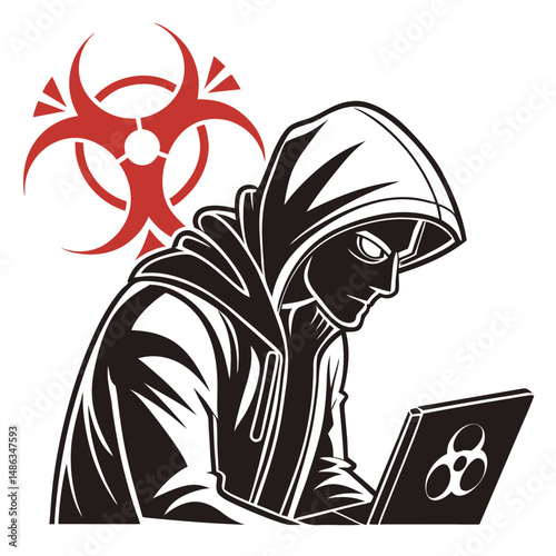 Computer hacker with laptop silhouette vector illustration
