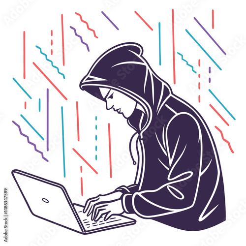Computer hacker with laptop silhouette vector illustration
