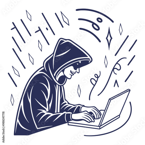 Computer hacker with laptop silhouette vector illustration
