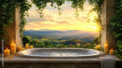 Fototapeta Naklejka Na Ścianę i Meble -  Bathtub with candles, greenery, and uninterrupted view of peaceful mountain ranges