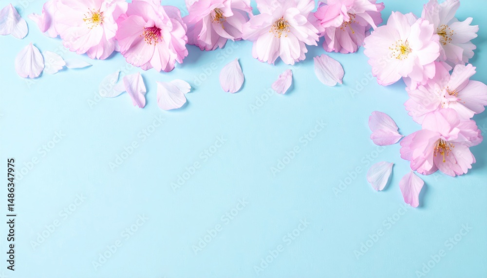 Fototapeta premium Soft pink cherry blossoms with scattered petals on a light blue background create a delicate, airy feel