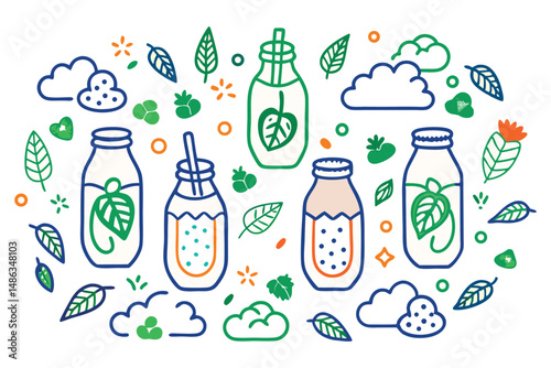 Bottled or glass smoothies surrounded by round, cloud-shaped fruit and leaf illustrations