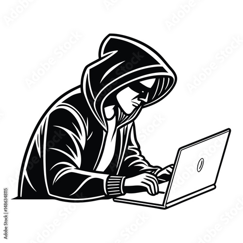 Computer hacker with laptop silhouette vector illustration
