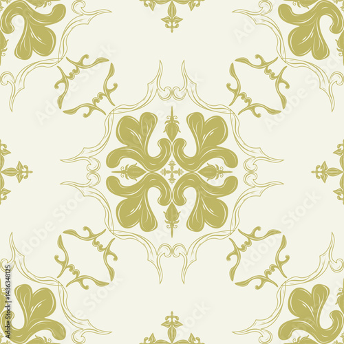 Flourish Exotic Scroll Ornament Detailed of Medieval Elaborate Pattern. Exquisite Hand Drawn Repeat Renaissance Call of Nature Feeling on Beige Background Luxury Style for Wallpaper Carpet Fashion Rug