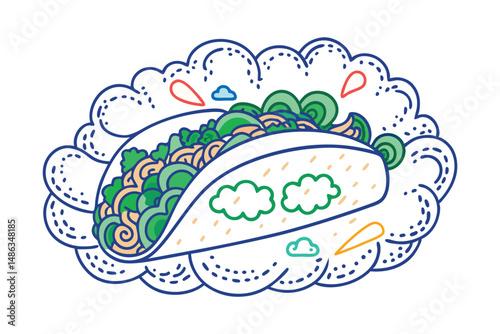 Burrito or wrap-style foods drawn with soft curves and overflowing cloud-form fillings