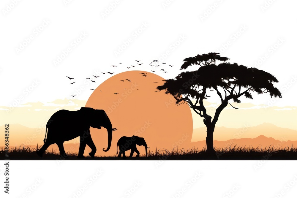 Fototapeta premium Silhouette elephant landscape grassland.