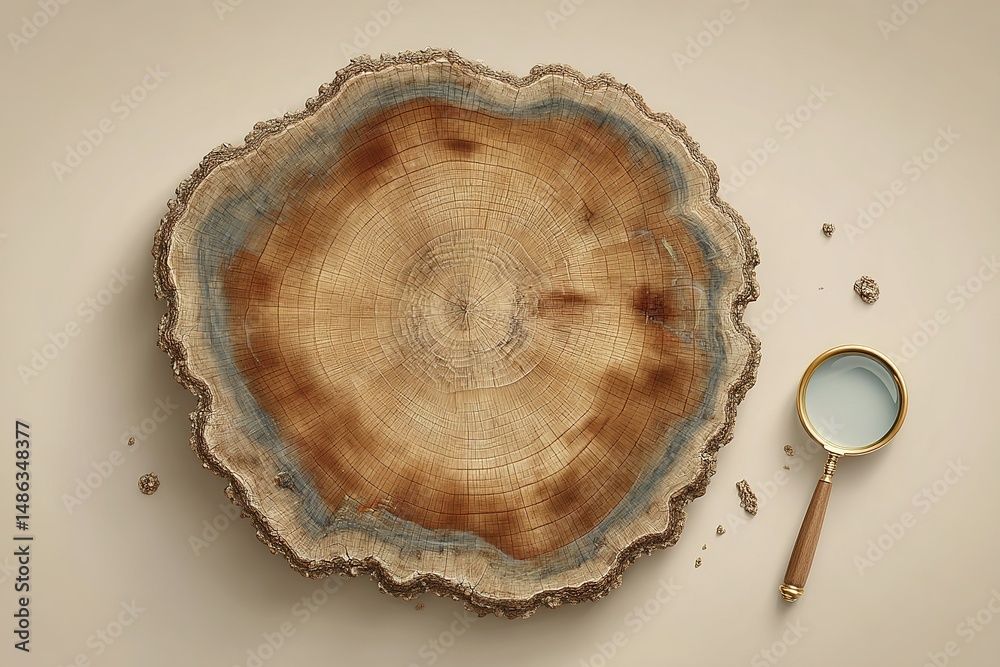Wooden cross-section displayed on a neutral background with a magnifying glass resting beside it at midday Wooden cross-section displayed on a neutral background with a magnifying glass resting beside it at midday