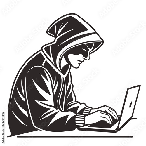 Computer hacker with laptop silhouette vector illustration
