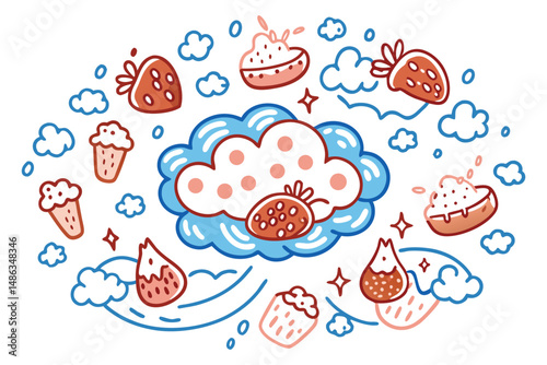 Cloud-shaped milk splashes surrounding cereal, cookies, or fruit in a stylized way