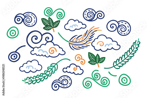 Curly pasta shapes drawn like soft clouds or ribbons, swirling around fresh ingredients