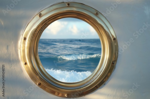 Polished brass porthole reflecting the waves of a calm ocean on a sunny day, evoking a sense of tranquility and adventure