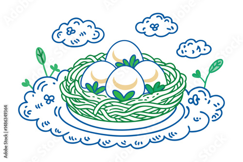 Soft-boiled eggs cradled in a cloud-shaped nest of mashed potato or whipped puree