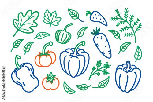Soft-edge veggies like tomatoes, carrots, and bell peppers with gentle curves and floating leaves