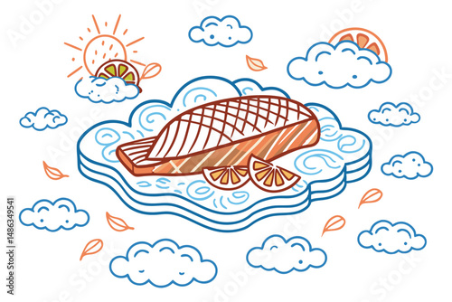 Soft-edged grilled fish fillet on a bed of cloud-style lemon slices and vegetables