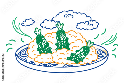 Tempura vegetables with exaggerated, cloud-like batter textures