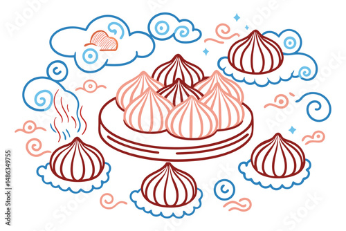 Xiao Long Bao (soup dumplings) as soft, balloon-like clouds with steam rings rising upward