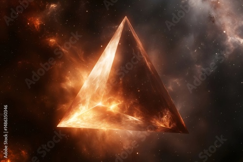 Triangular pyramid emitting pulsating light floats in the vast expanse of space, surrounded by nebulae and stars