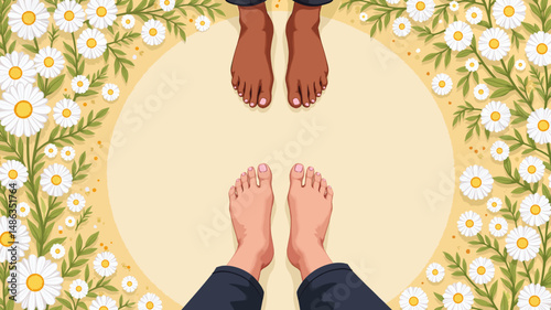Two pairs of feet resting on floral background with daisies  