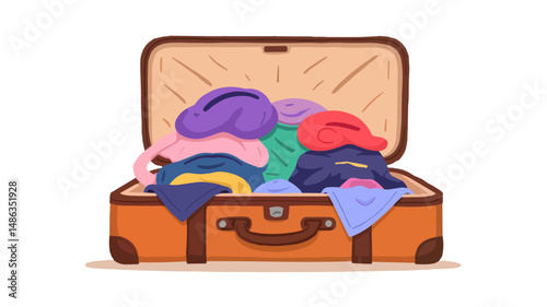 Colorful suitcase overflowing with folded clothes and garments  