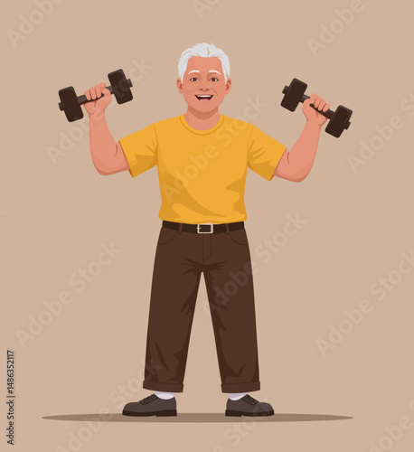 Elderly man exercising with dumbbells and smiling against a neutral background  